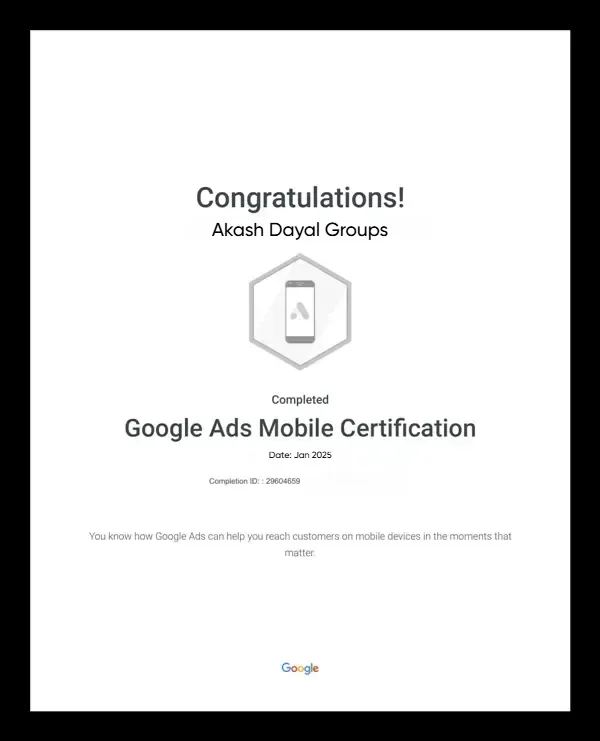 Google Ads Mobile Certificate of Digital Marketing King